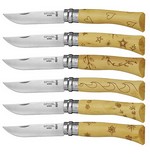 Opinel Nature Messer-Collection, 6 Messer Nr. 7, rostfrei, 6 Motive aus Buchsbaumholz