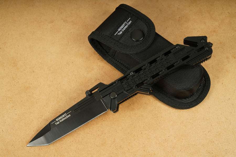 BlackFox Einhand-Rettungsmesser Mit Rotem Alu-Griff – Stahl 440, Sägezahn, Schlagdorn & Gurtschneider